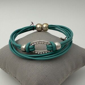 Sweet Lola Teal Leather Bracelet with Silver and Rhinestone Accents